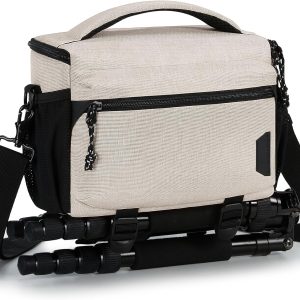 BAGSMART Small Camera Bag for Photographers, Compact Camera Shoulder Bags for DSLR/SLR/Mirrorless Cameras, Waterproof Crossbody Camera Case with Tripod Holder, Ivory White