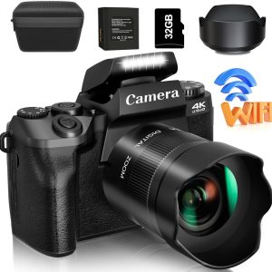 Saneen Digital Camera, 4k Cameras for Photography & Video, 64MP WiFi Touch Screen Vlogging Camera for YouTube with Flash, 32GB SD Card, Lens Hood, 3000mAH Battery, Front and Rear Cameras - Black
